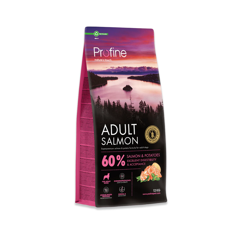 Profine Adult Salmon & Potatoes tørfoder med laks til voksne hunde, pose set forfra