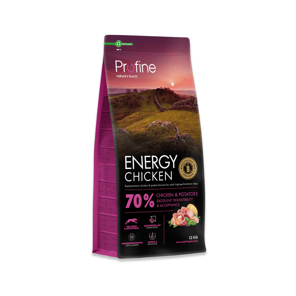 Profine Energy Chicken & Potatoes 12 kg tørfoder til aktive hunde, pose set forfra