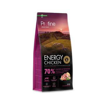 Profine Energy Chicken & Potatoes 12 kg tørfoder til aktive hunde, pose set forfra