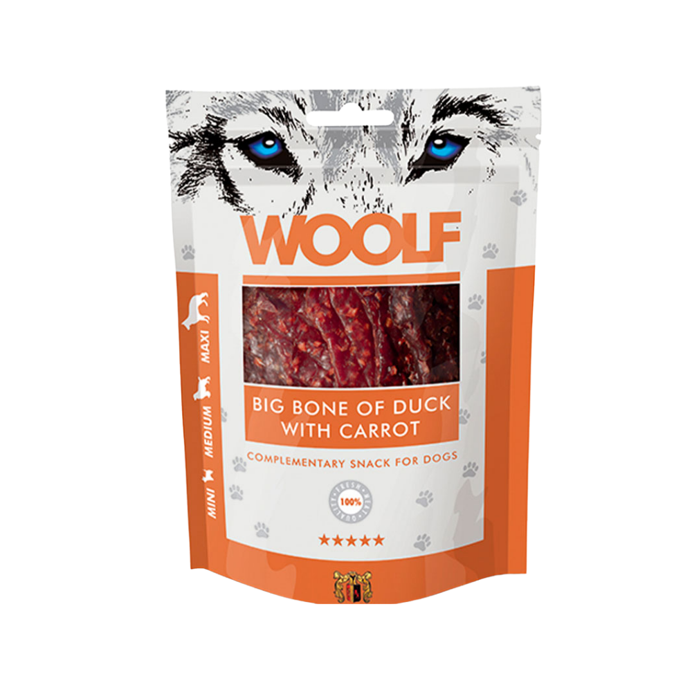 Woolf Big Bone of Duck with Carrot godbidder til hund, 100 g pose set forfra
