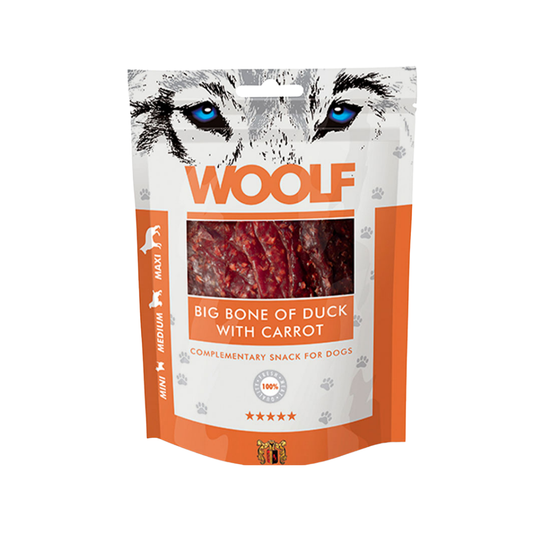 Woolf Big Bone of Duck with Carrot godbidder til hund, 100 g pose set forfra
