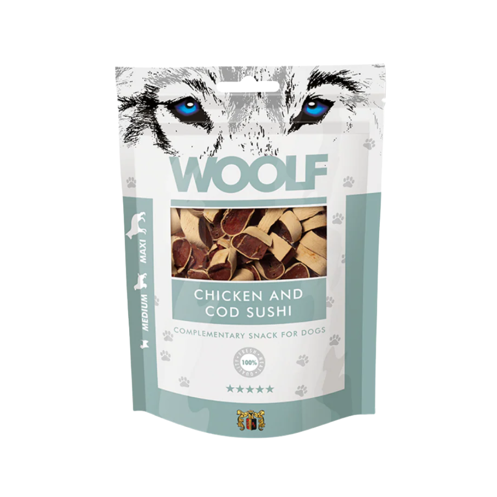 Woolf Kylling og Torsk Sushi 100 g, godbidder til hunde, posen set forfra