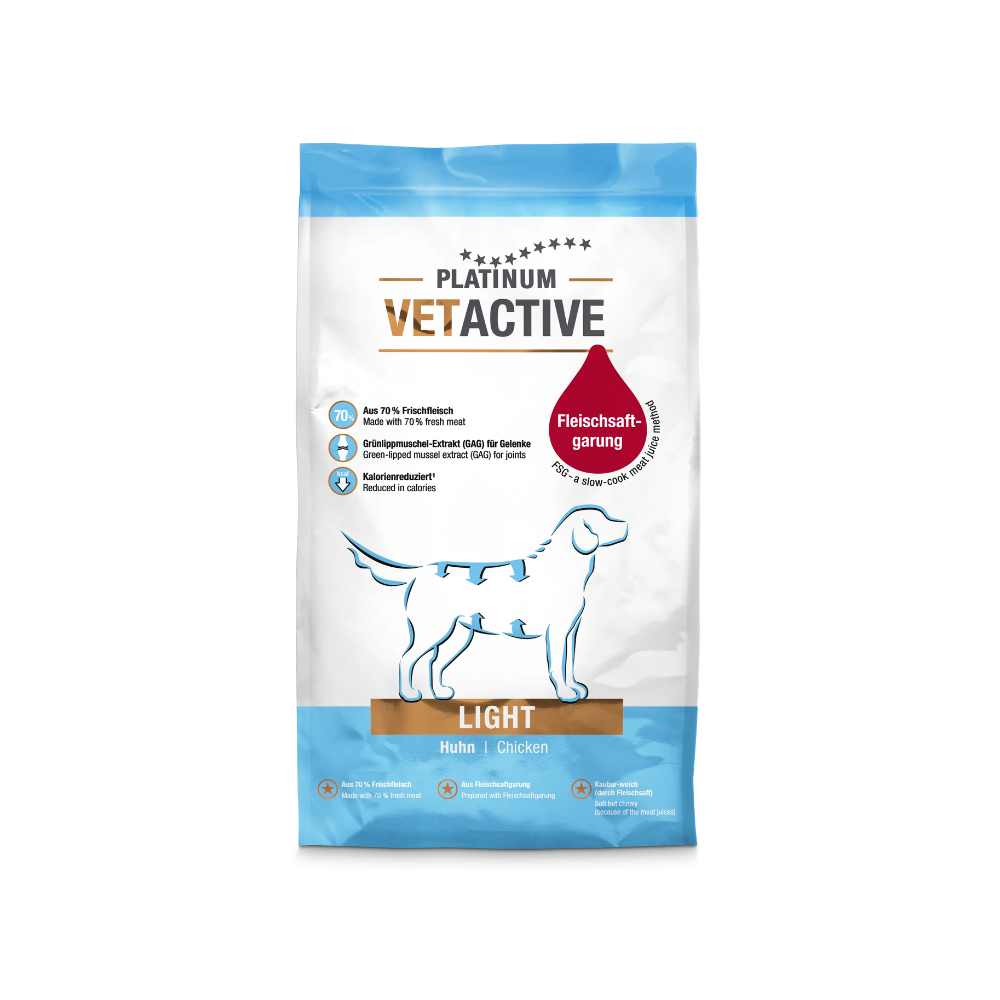 PLATINUM Vetactive Light fedt- og kaloriereduceret tørfoder til hunde med kylling, pose set forfra