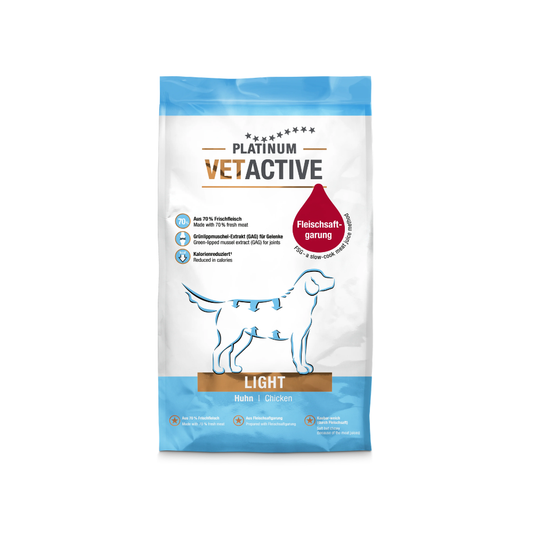 PLATINUM Vetactive Light fedt- og kaloriereduceret tørfoder til hunde med kylling, pose set forfra