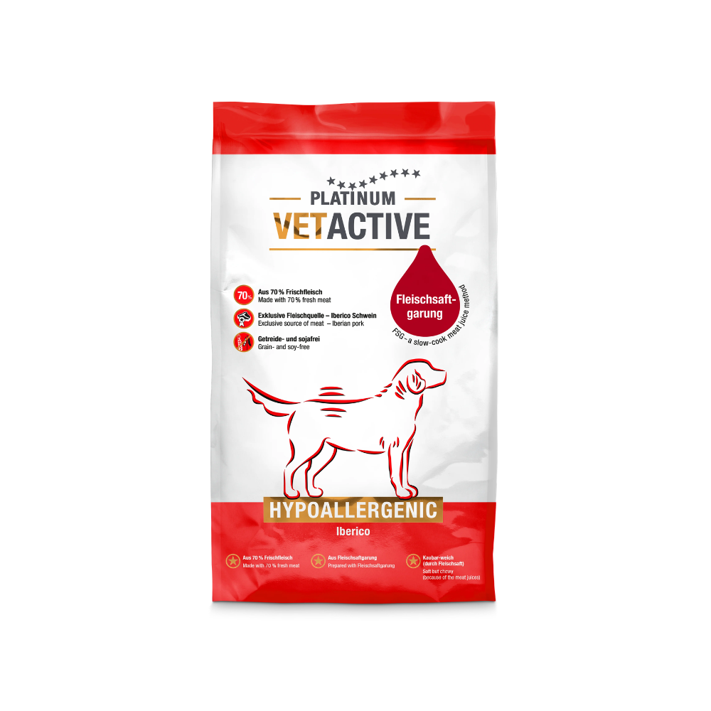 PLATINUM Vetactive Hypoallergenic tørfoder til hunde med iberisk svin, pose set forfra