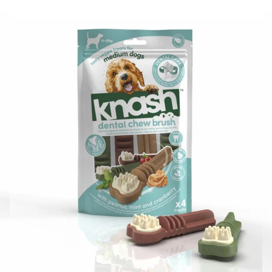 Knash Dental Chew Brush vegetarisk tyggebørste til hunde, størrelse M, pakke med 4 stk. set forfra