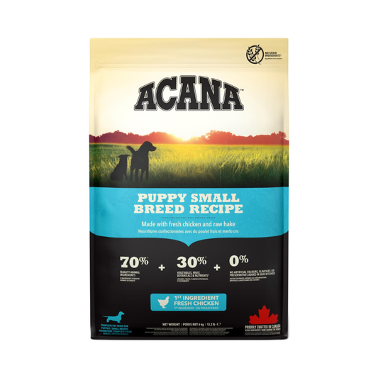 ACANA Puppy Small Breed tørfoder til hvalpe af små racer med kylling, 6 kg pose set forfra