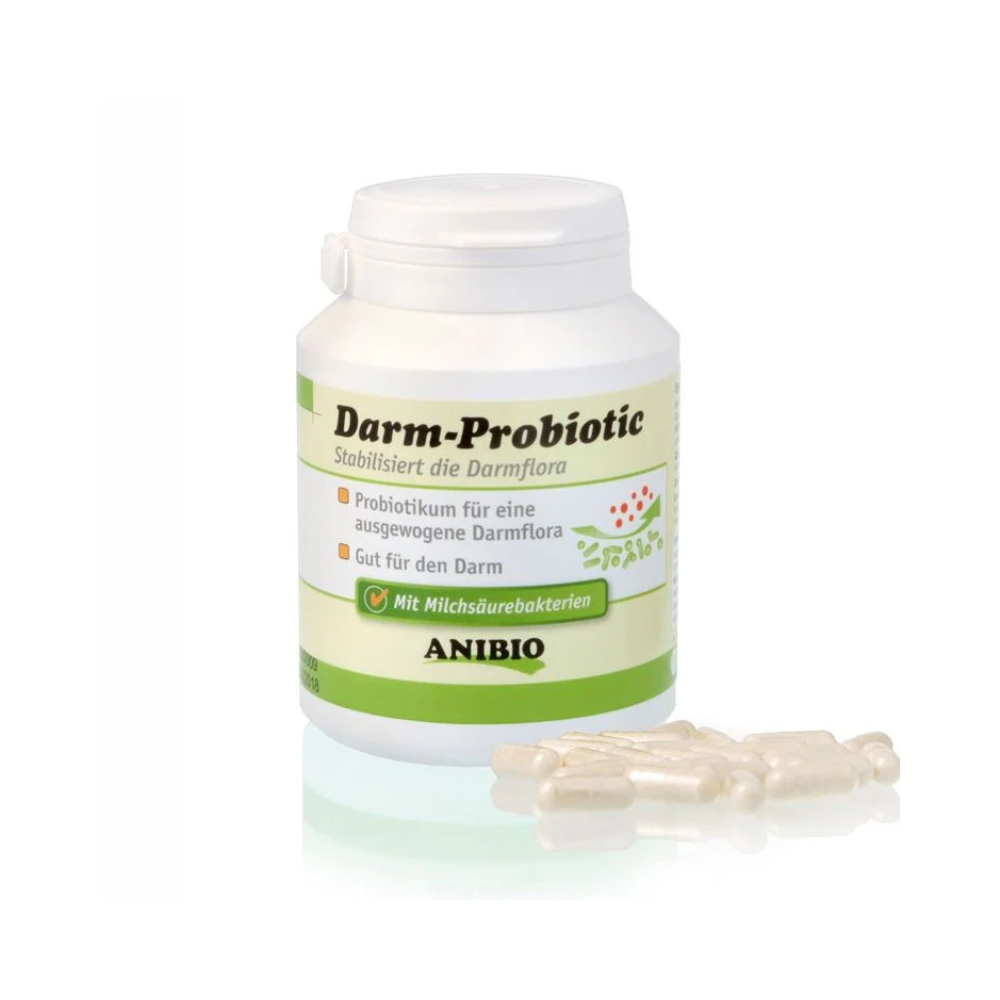 Anibio Darm-Probiotic kapsler med mælkesyrebakterier til hund og kat, 120 stk., set forfra