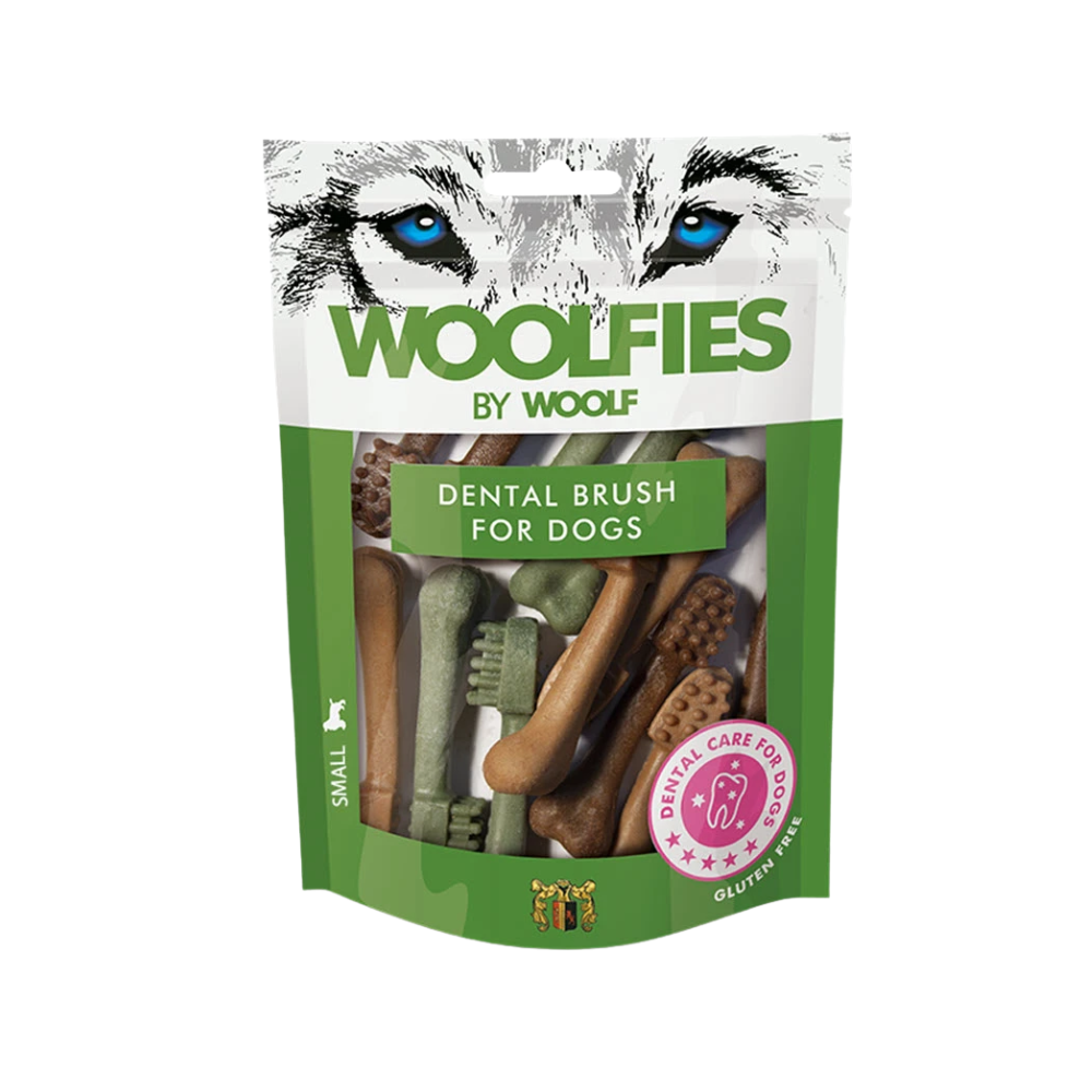 Woolfies Dental Brush Small tyggesnack til hund, 200 g pose set forfra