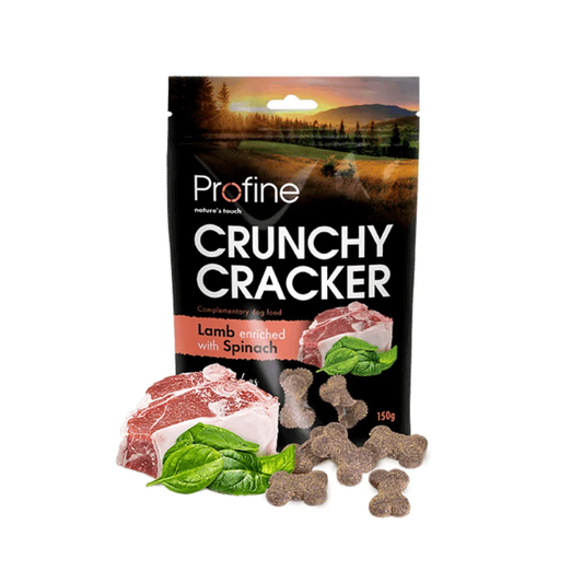 Profine Crunchy Cracker Lamb & Spinach sprøde hundegodbidder med lam og spinat, pose set forfra