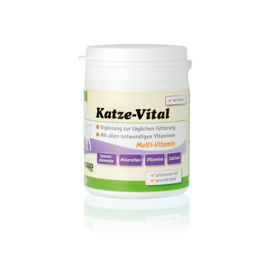 Anibio Katze-Vital urtepulver med vitaminer og taurin til katte, 120 g, set forfra
