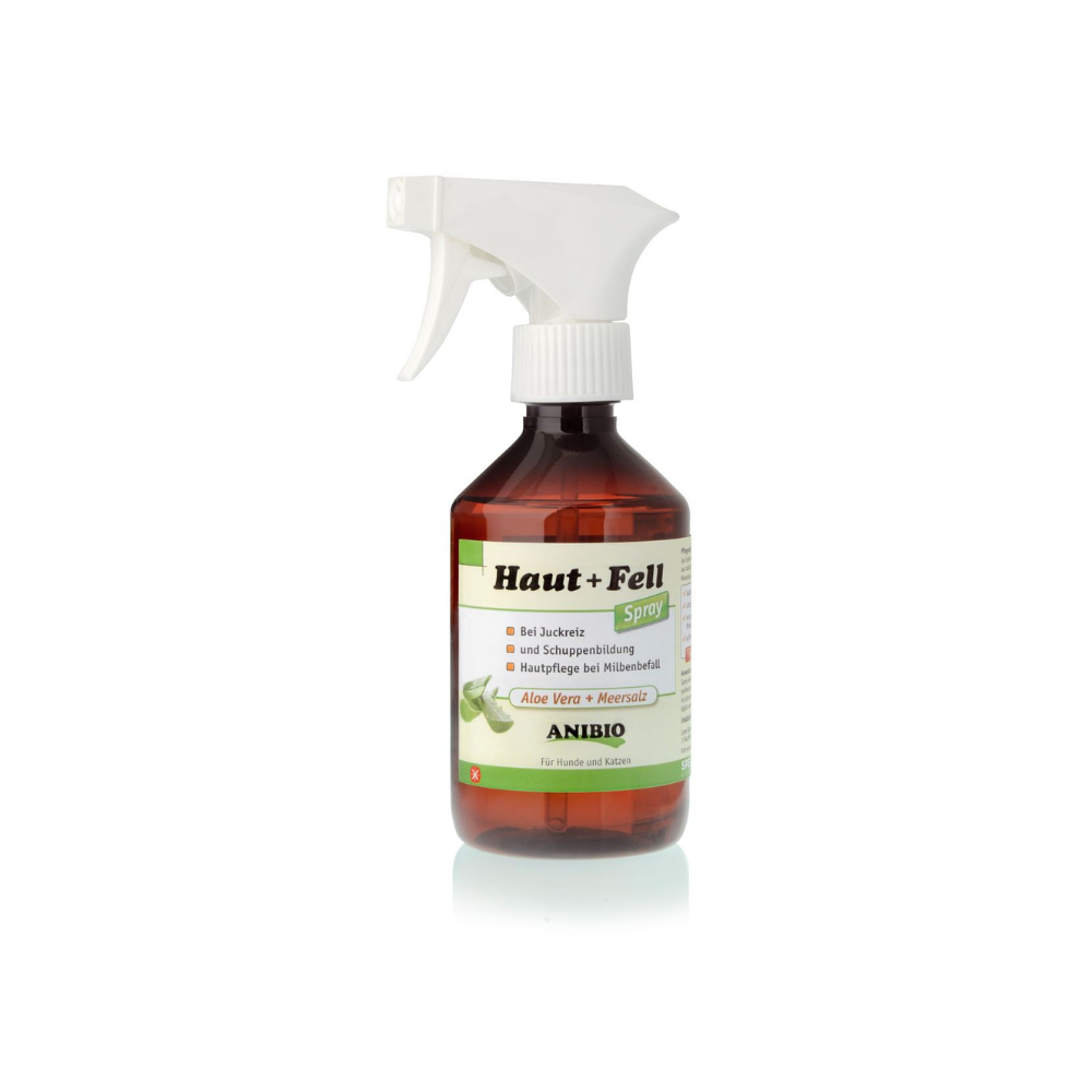 Anibio Hud og pels spray med aloe vera og havsalt til hund og kat, 300 ml, set forfra