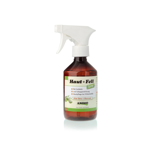 Anibio Hud og pels spray med aloe vera og havsalt til hund og kat, 300 ml, set forfra