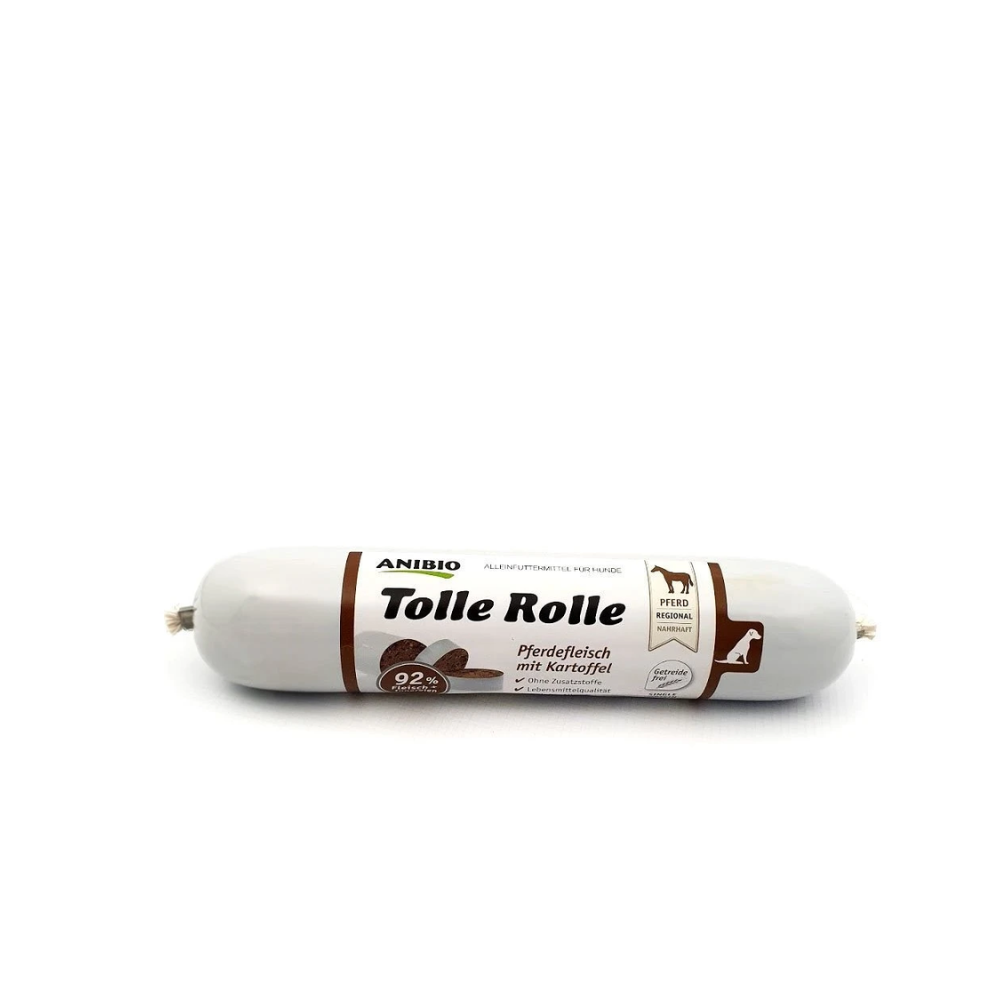 Anibio Tolle Rolle Hest 400 g skærepølse med 92 % kød til hund, set forfra