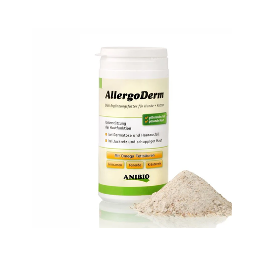 Anibio AllergoDerm pulver med hørfrø og urter til hund og kat, 150 g, set forfra