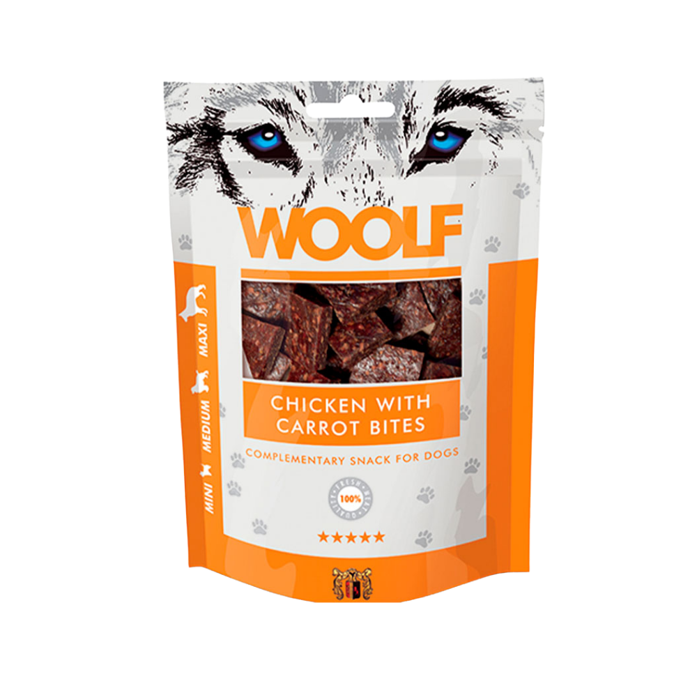 Woolf Kylling med Gulerodsbidder 100 g, godbidder til hunde, posen set forfra