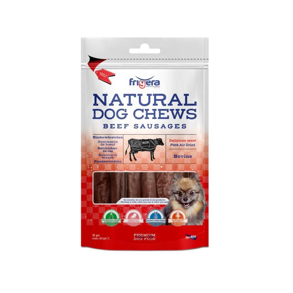 Frigera Natural Dog Chews oksepølser 12 cm, 5 stk., pakke set forfra