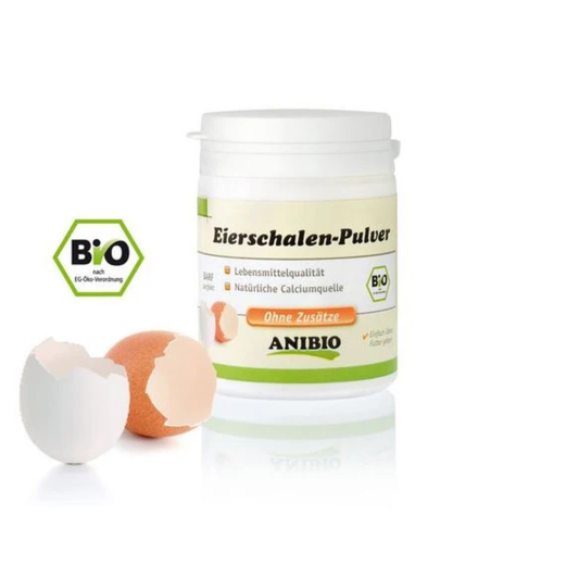 Anibio Calcium Plus æggeskalspulver til hund og kat, 320 g, dåse set forfra