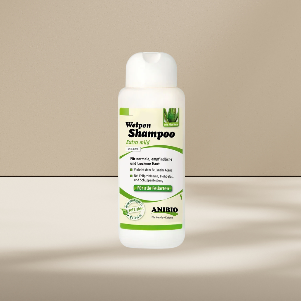 Anibio hvalpeshampoo 250 ml, mild pH-neutral shampoo til hund og kat, produktbillede