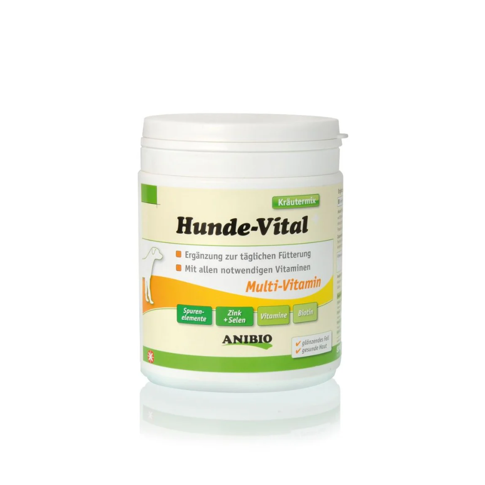 Anibio Hunde-Vital urtepulver med vitaminer og mineraler til hunde, 420 g, set forfra
