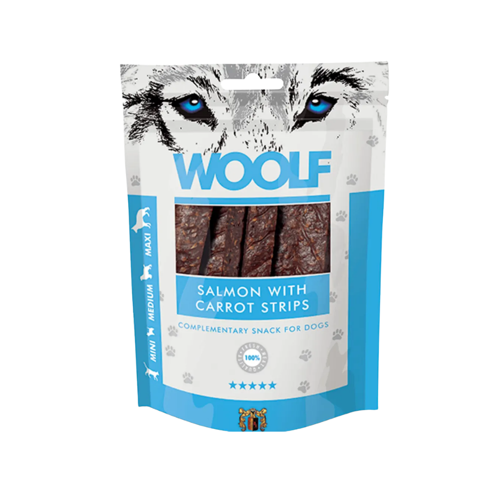 Woolf Laks med Gulerodsstrimler 100 g, godbidder til hunde, posen set forfra