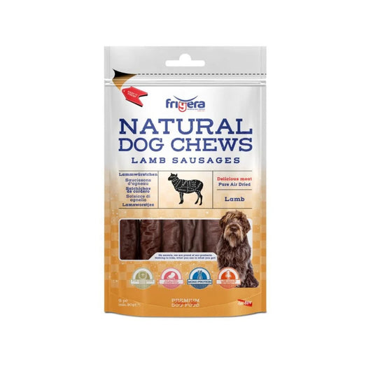 Frigera Natural Dog Chews Lammepølser 12 cm, 5 stk., pakke set forfra