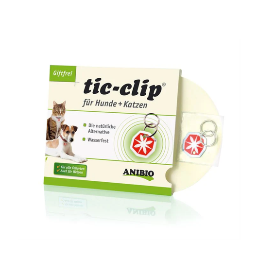 Anibio Tic-Clip til halsbåndet på hund og kat, pakning set forfra
