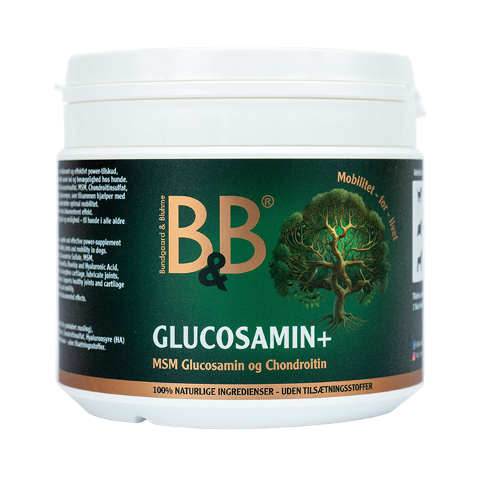 B&B Glucosamin+ pulver til hunde med glucosamin, MSM og chondroitin, 250 g, set forfra