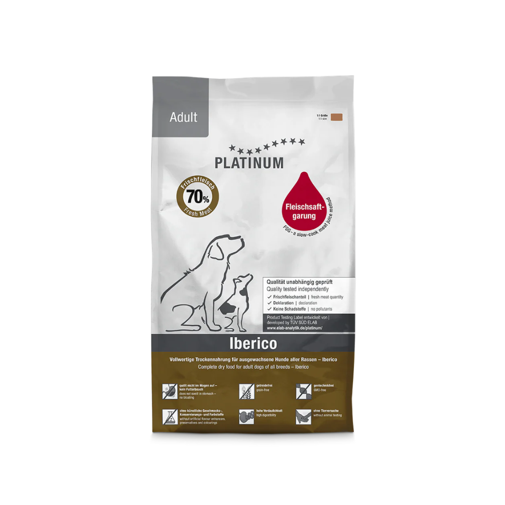PLATINUM Adult Iberico tørfoder til voksne hunde med 70 % frisk iberisk svinekød, pose set forfra