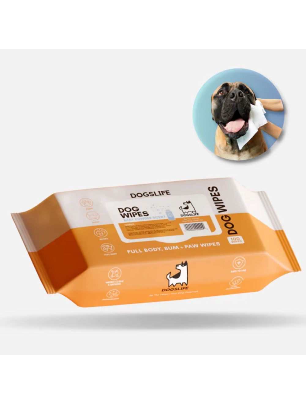 Dogslife Dog Wipes renseservietter med babypudderduft, produktbillede