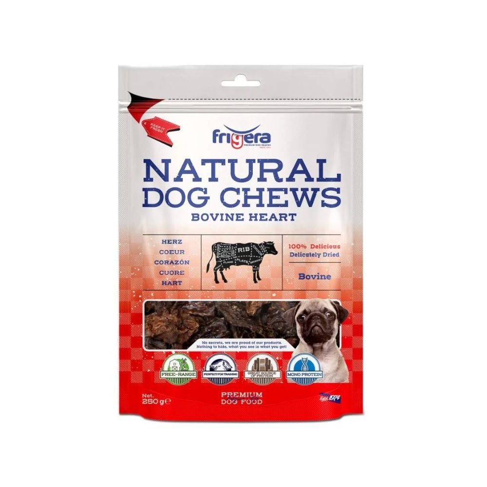 Frigera Natural Dog Chews Oksehjerter 250 g, pose set forfra