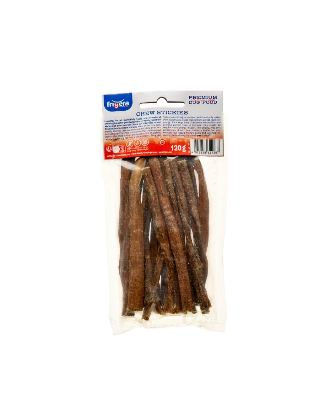 Frigera Natural Dog Chews tyggepinde 120 g, bagside med deklaration