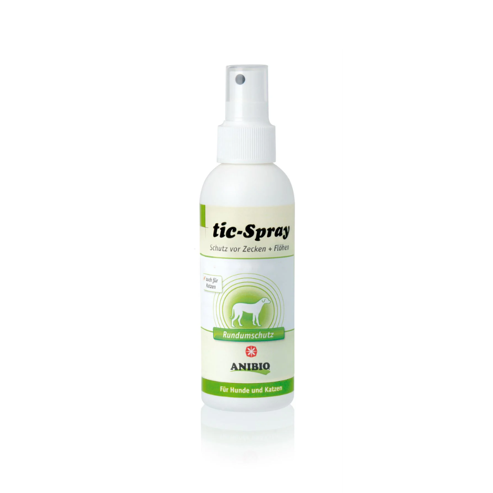 Anibio TIC-Spray vandbaseret spray til hund og kat, flaske set forfra