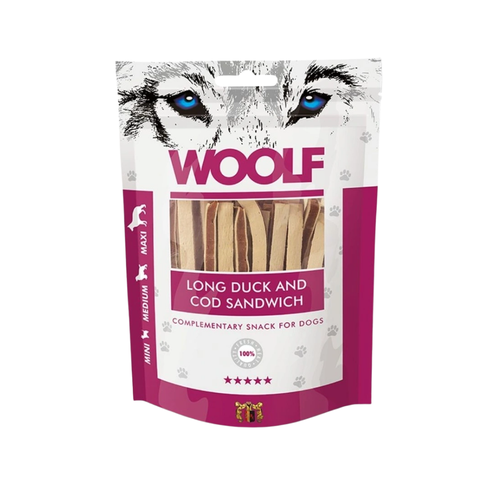 Woolf Lang And og Torsk Sandwich 100 g, godbidder til hunde, posen set forfra