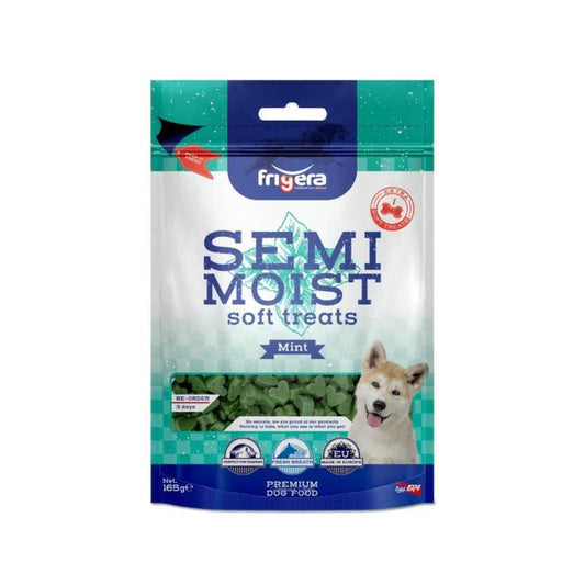 Frigera Semi-Moist Soft Mint 165 g, bløde godbidder til hunde, pose set forfra