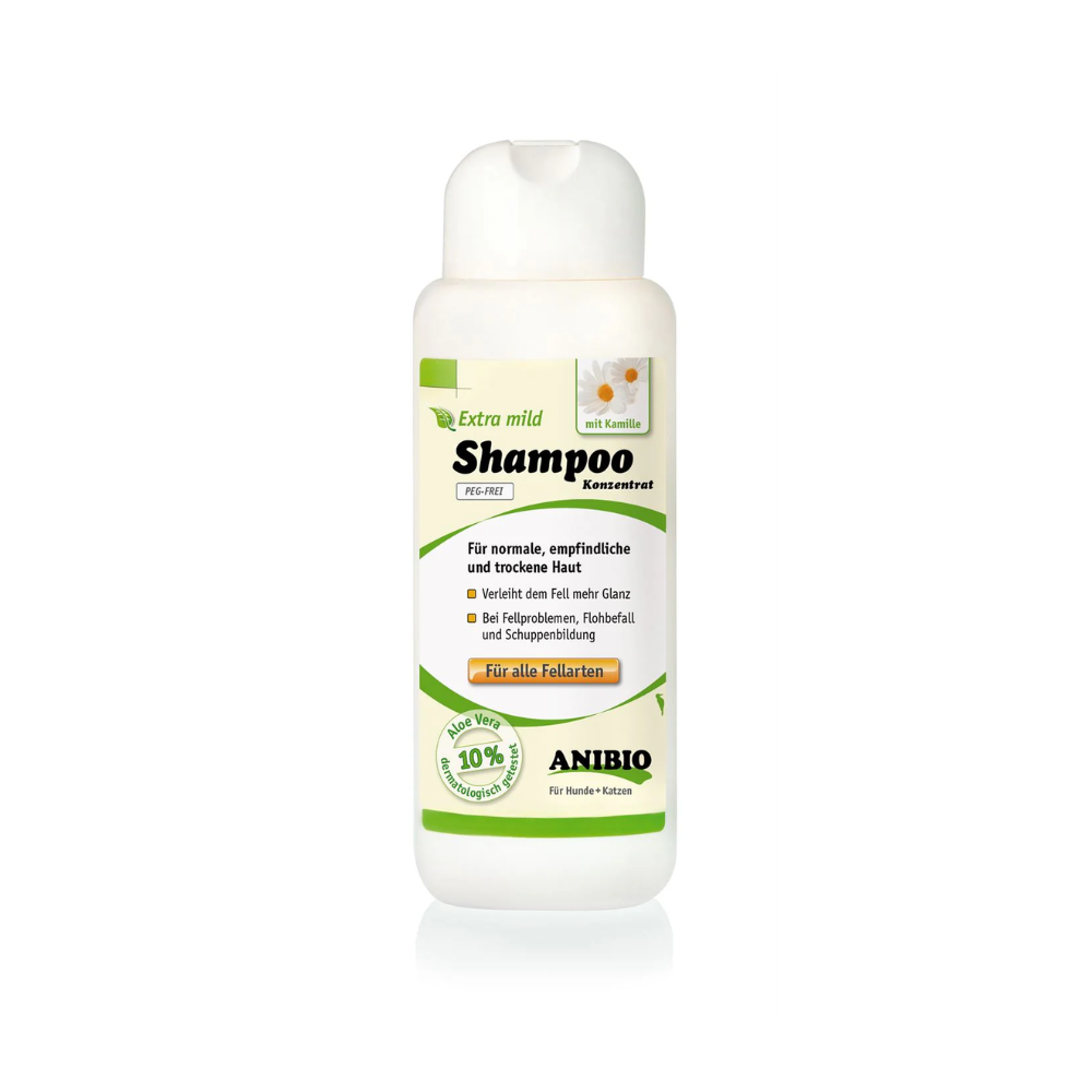 Anibio Shampoo Mild 250 ml med aloe vera til hund, flaske set forfra