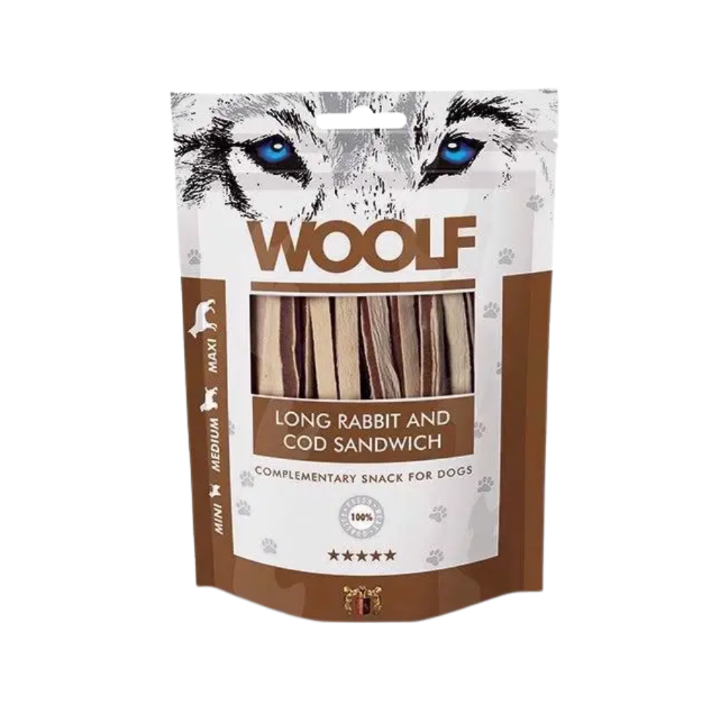 Woolf Lang Kanin og Torsk Sandwich 100 g, godbidder til hunde, posen set forfra
