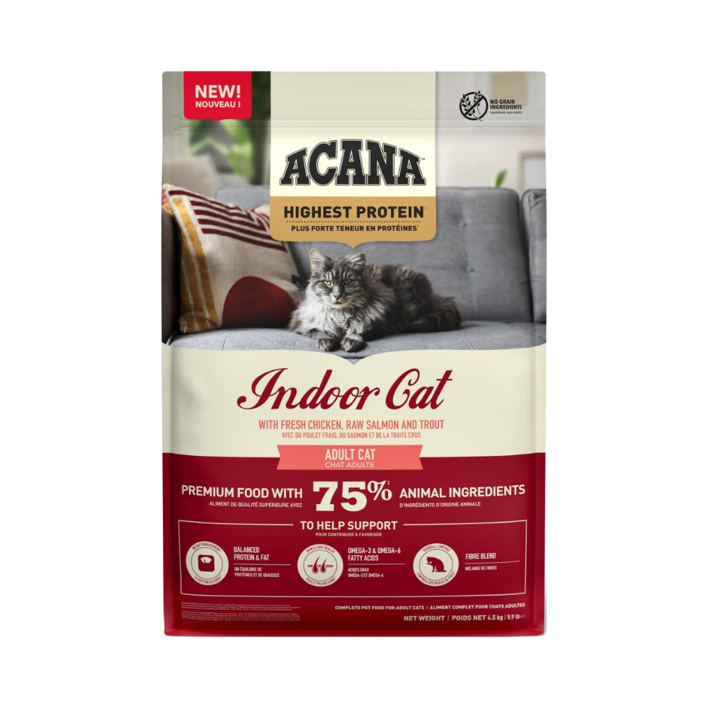ACANA Highest Protein Indoor tørfoder til indekatte med kylling og laks, 4,5 kg pose set forfra