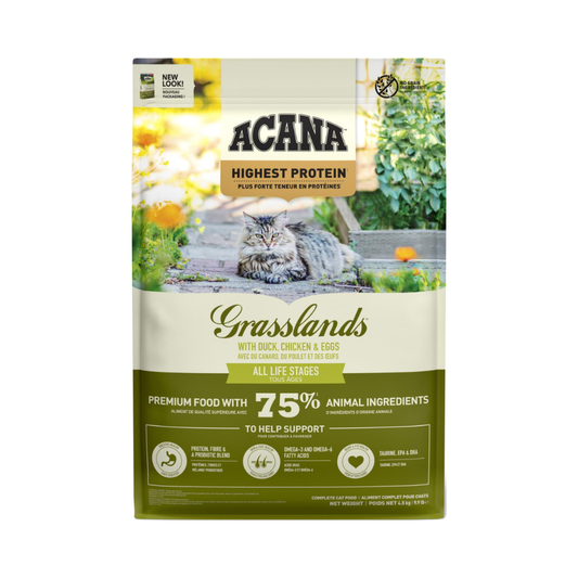 ACANA Highest Protein Grasslands tørfoder til katte med and og kylling, 4,5 kg pose set forfra