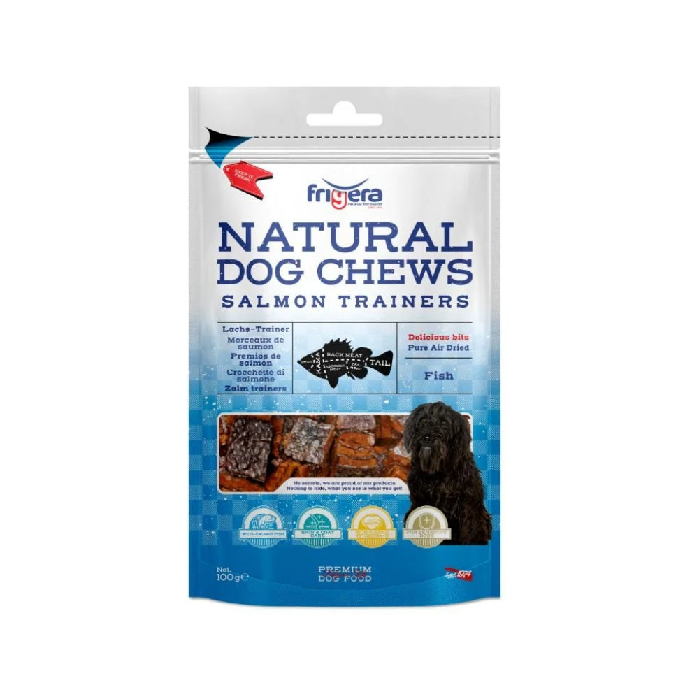 Frigera Natural Dog Chews Laksegodbidder 100 g, pose set forfra