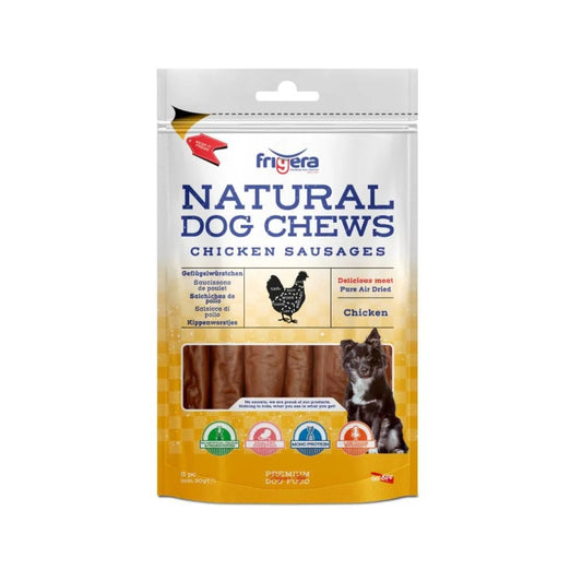 Frigera Natural Dog Chews Kyllingepølser 12 cm, 5 stk., pakke set forfra