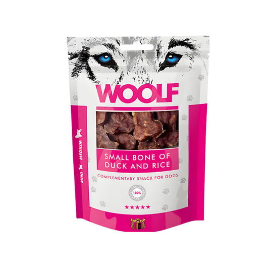 Woolf Small Bone of Duck and Rice godbidder til hund, 100 g pose set forfra