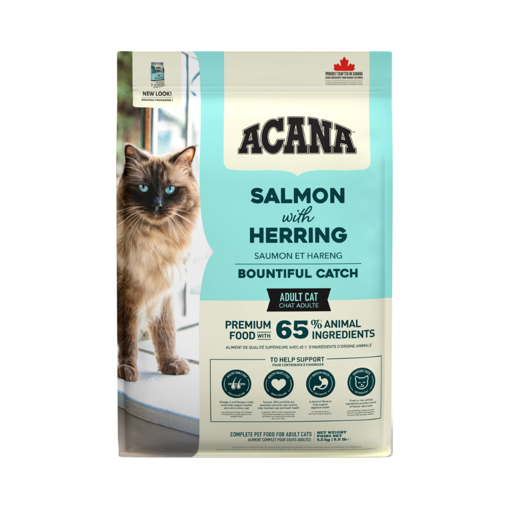ACANA Bountiful Catch tørfoder til voksne katte med laks og sild, 4,5 kg pose set forfra