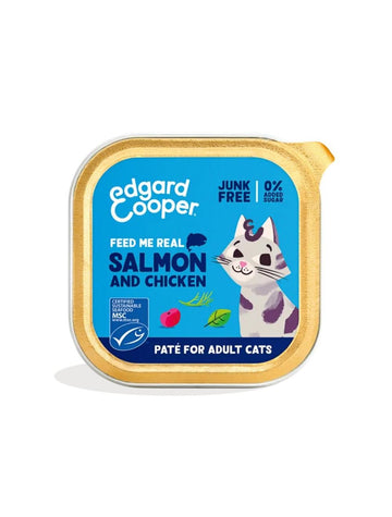 Edgard & Cooper Pâté Laks og Kylling til voksne katte, 85 g bakke set forfra