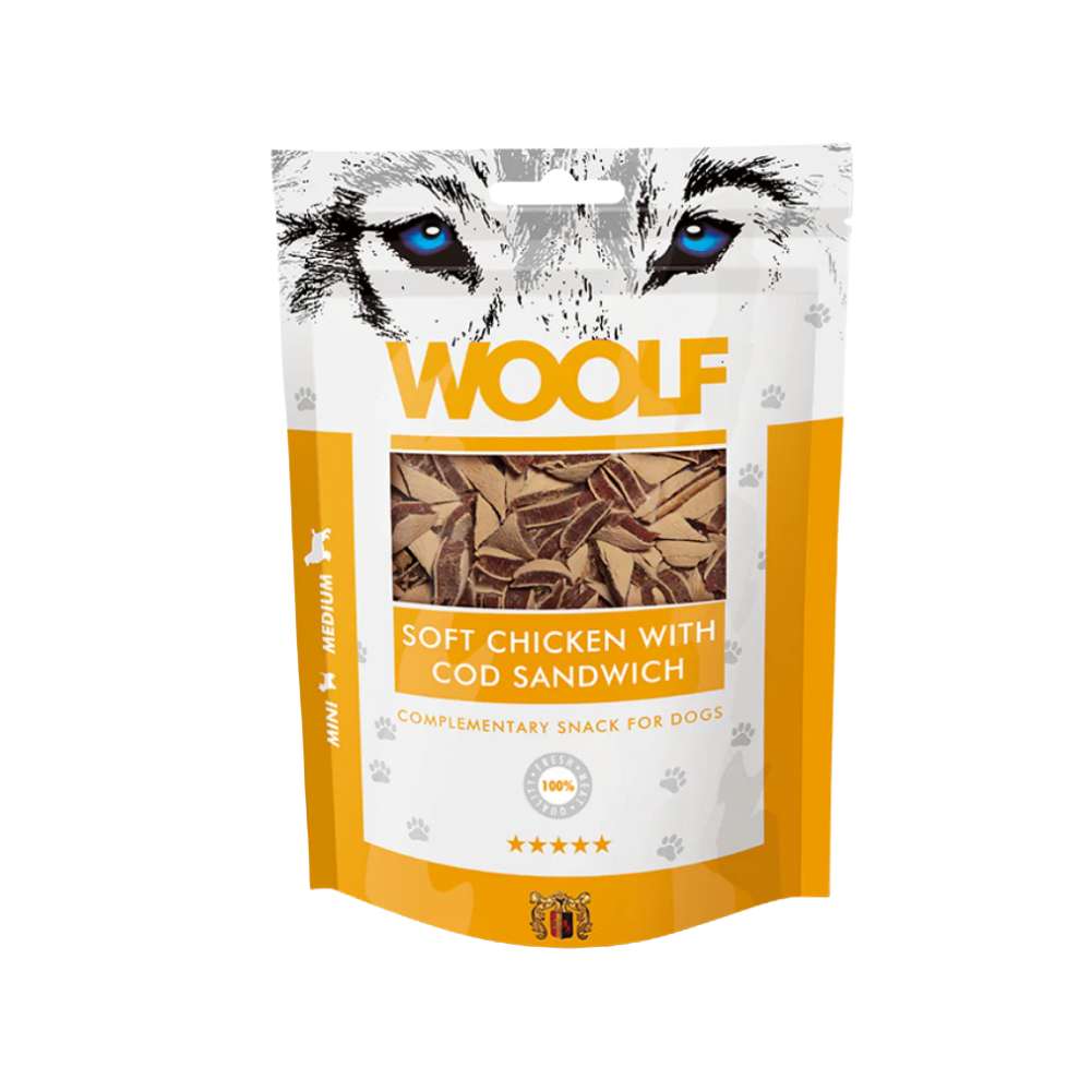 Woolf Soft Chicken with Cod Sandwich godbidder til hund og kat, 100 g pose set forfra