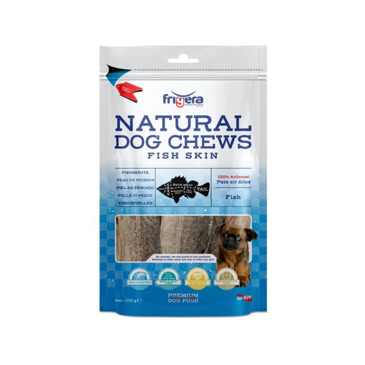 Frigera Natural Dog Chews Fiskeskind 100 g, pose set forfra
