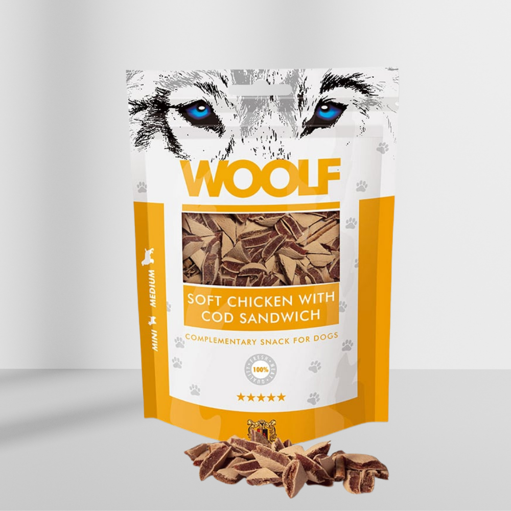 Woolf Soft Kylling & Torsk Sandwich 100 g, bløde godbidder med kylling og torsk