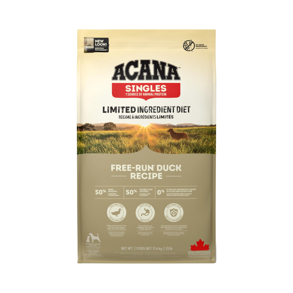 ACANA Singles Frilandsand tørfoder til hunde, 11,4 kg pose set forfra