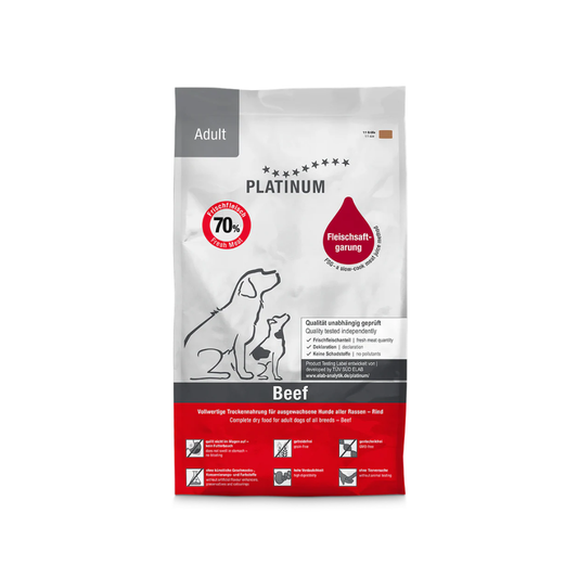 PLATINUM Adult Beef tørfoder til voksne hunde med 70 % frisk oksekød, pose set forfra