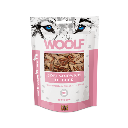 Woolf Soft Sandwich of Duck godbidder til hund, 100 g pose set forfra